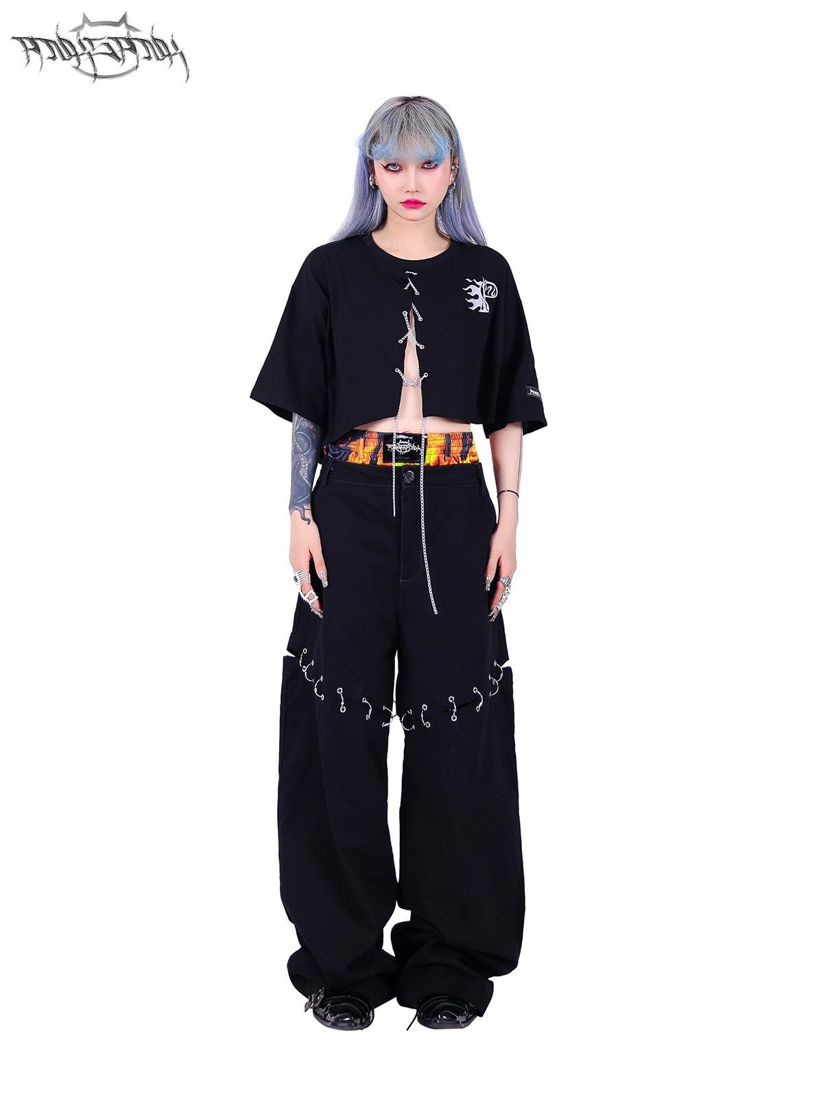 PINKSPINK Black Flame Pattern Double Waist Detachable Ring Women's Straight-leg Pants