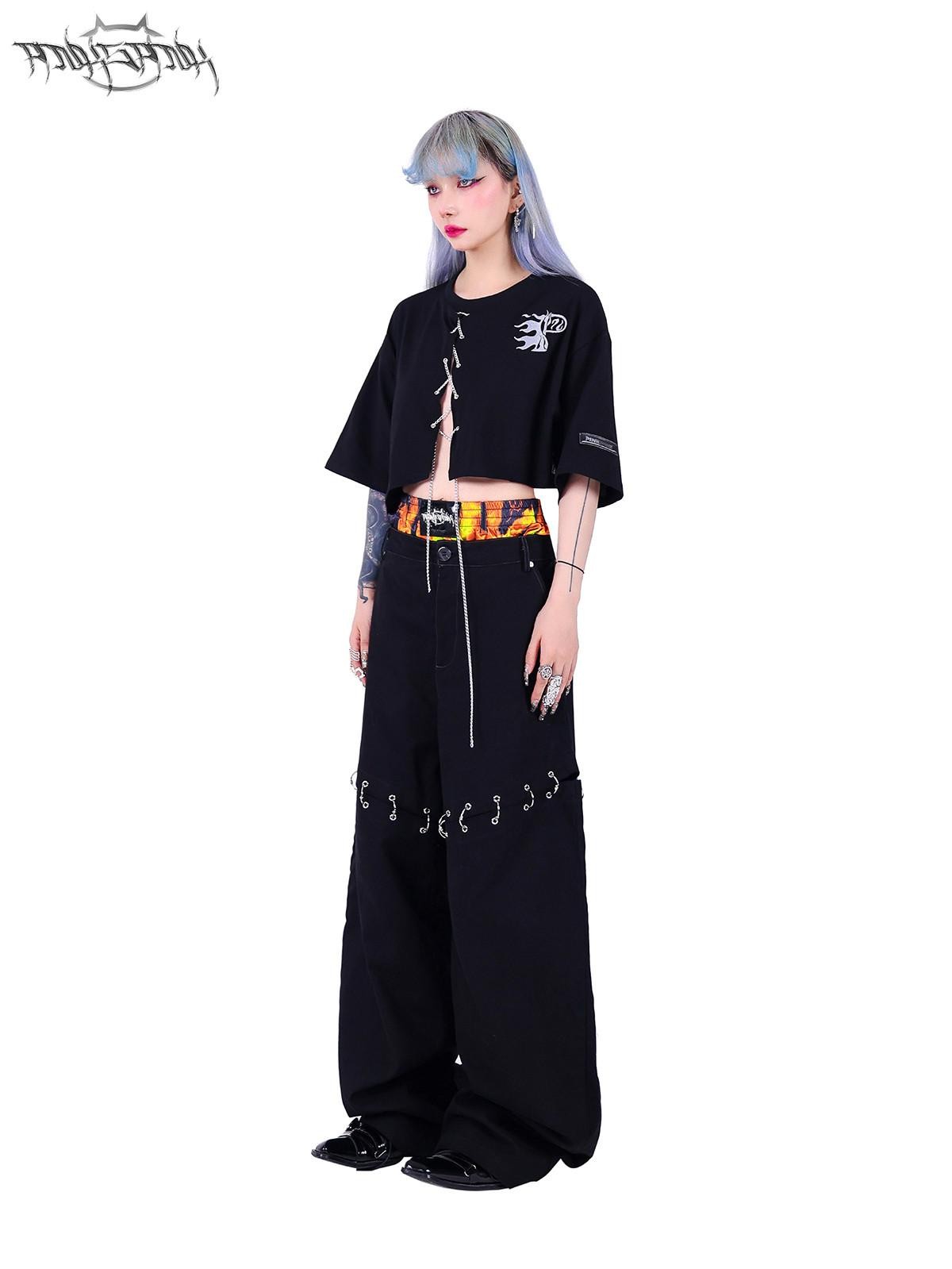 PINKSPINK Black Flame Pattern Double Waist Detachable Ring Women's Straight-leg Pants