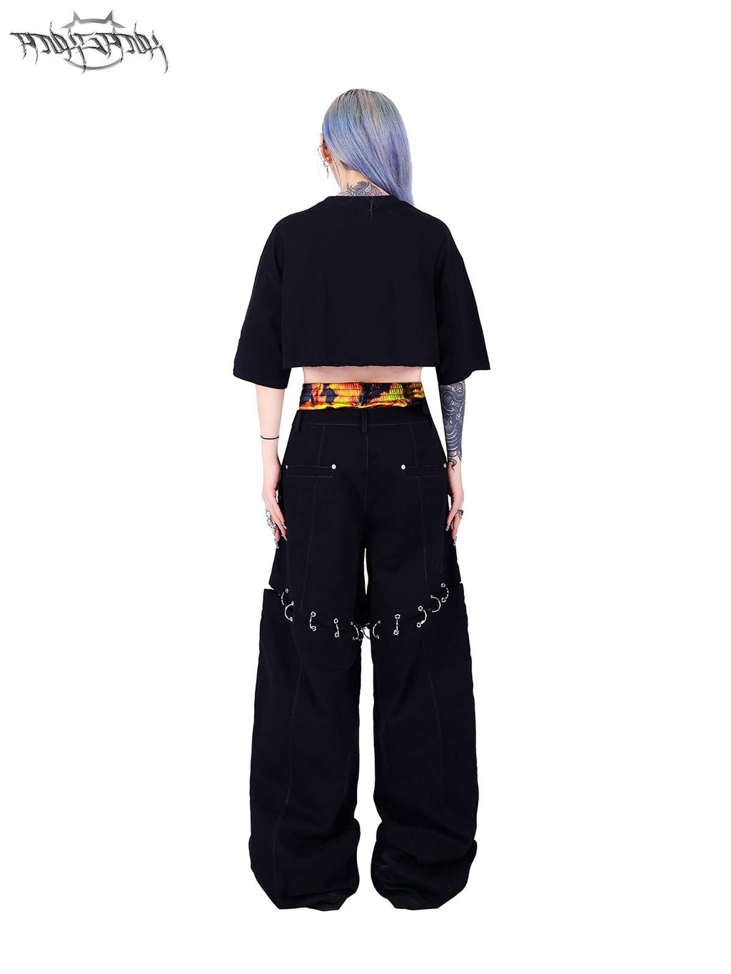 PINKSPINK Black Flame Pattern Double Waist Detachable Ring Women's Straight-leg Pants