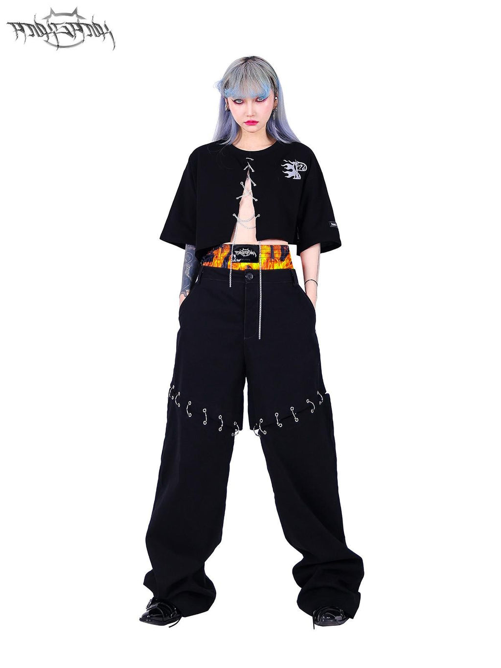 PINKSPINK Black Flame Pattern Double Waist Detachable Ring Women's Straight-leg Pants