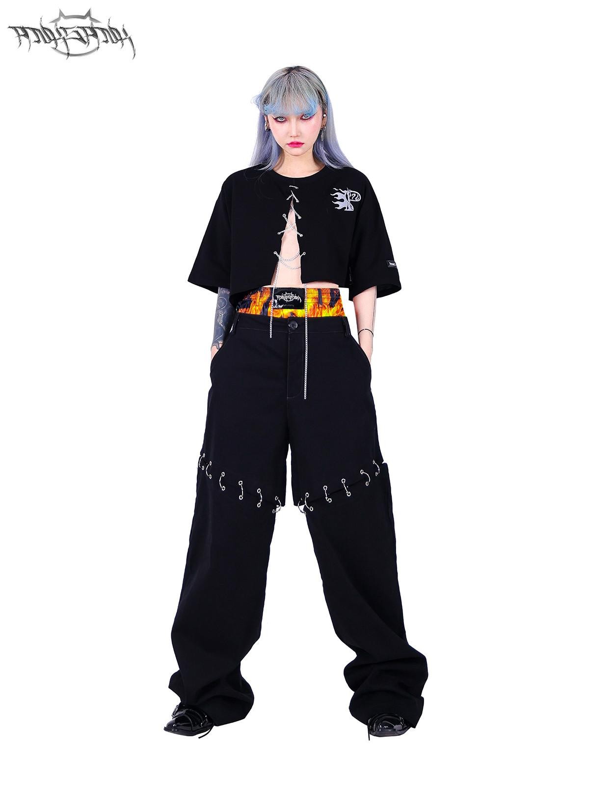 PINKSPINK Black Flame Pattern Double Waist Detachable Ring Women's Straight-leg Pants