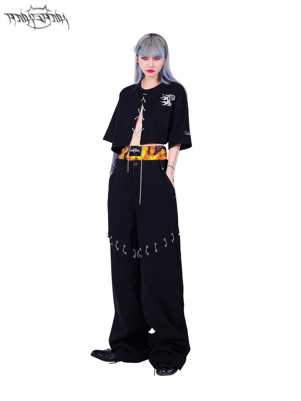 PINKSPINK Black Flame Pattern Double Waist Detachable Ring Women's Straight-leg Pants