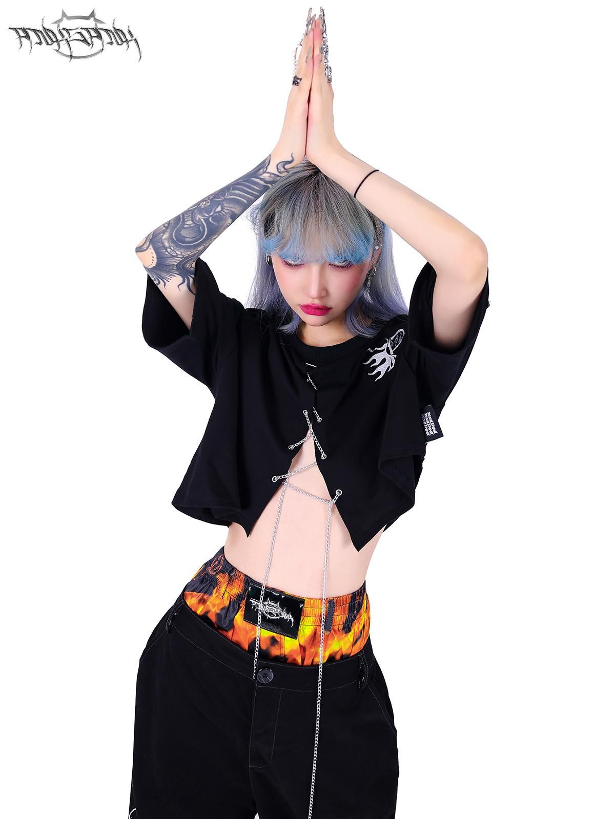 PINKSPINK Black Flame Pattern Double Waist Detachable Ring Women's Straight-leg Pants