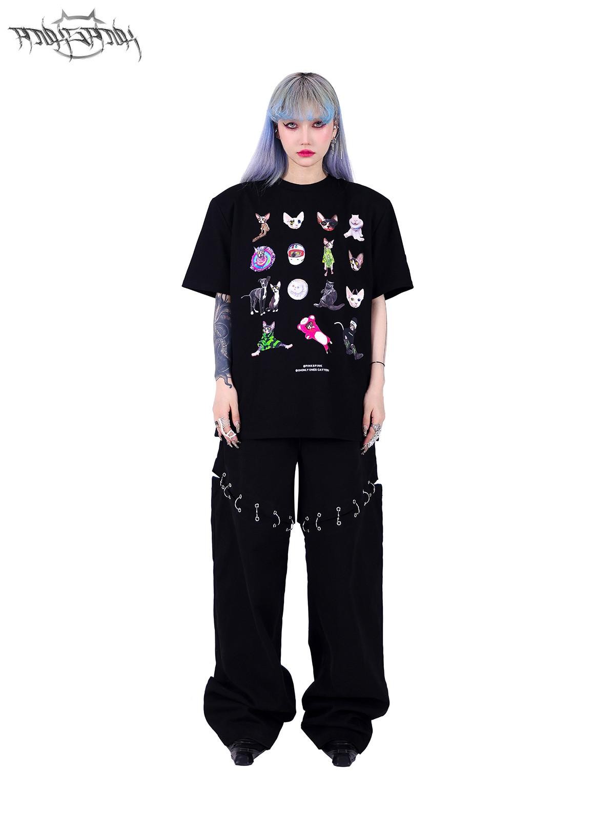 PINKSPINK Black Flame Pattern Double Waist Detachable Ring Women's Straight-leg Pants