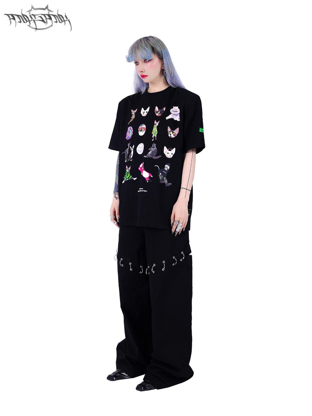 PINKSPINK Black Flame Pattern Double Waist Detachable Ring Women's Straight-leg Pants