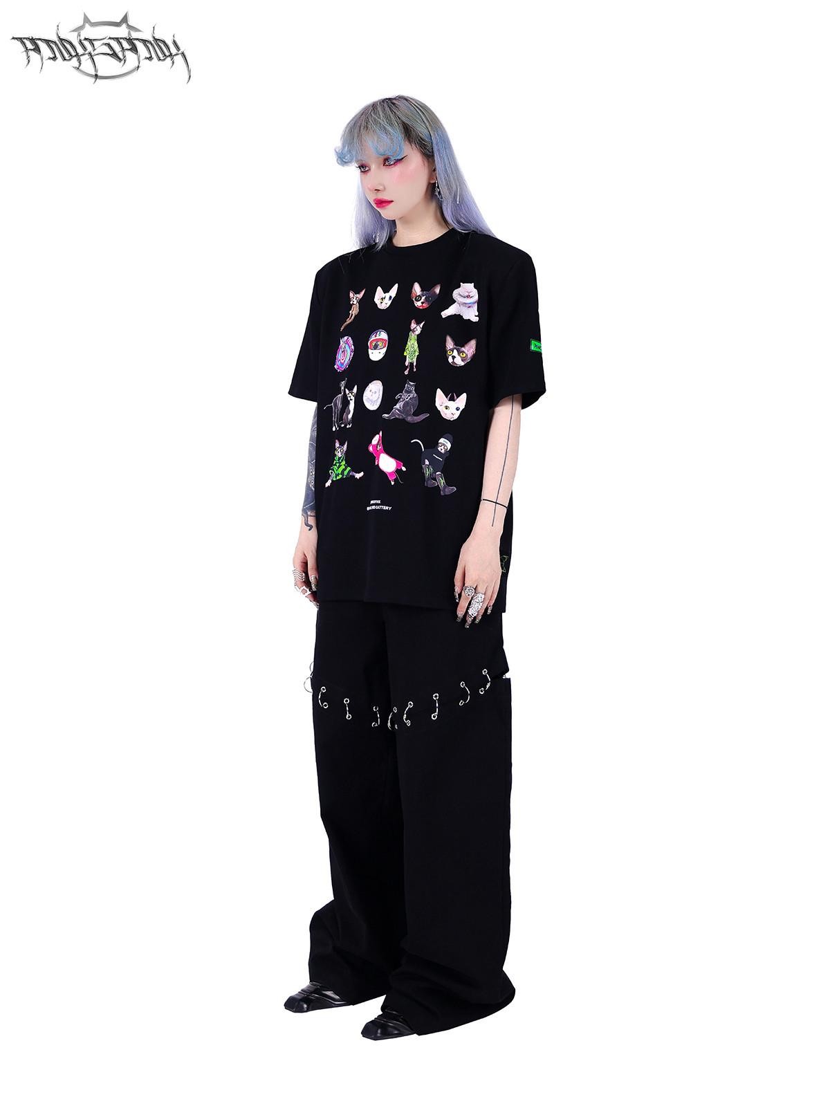 PINKSPINK Black Flame Pattern Double Waist Detachable Ring Women's Straight-leg Pants