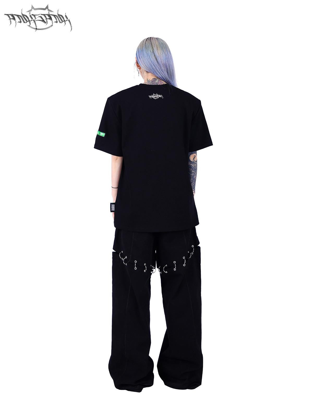 PINKSPINK Black Flame Pattern Double Waist Detachable Ring Women's Straight-leg Pants