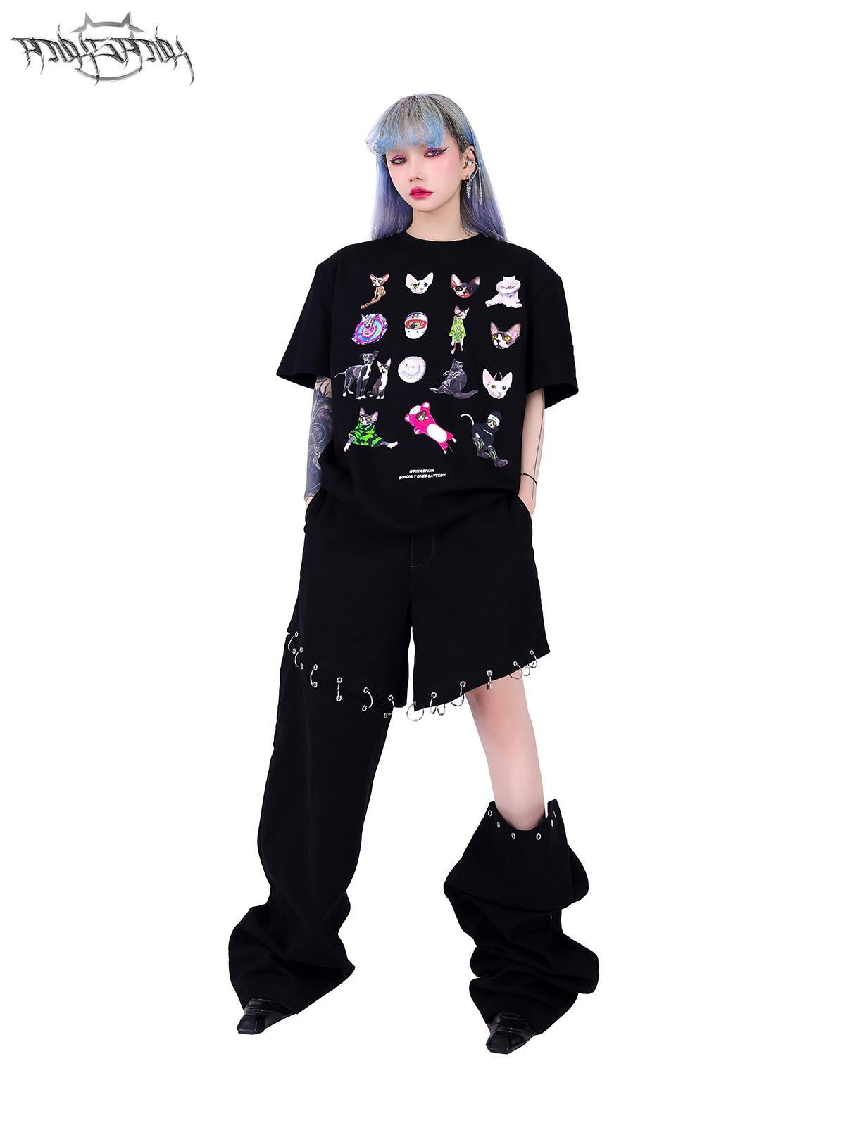 PINKSPINK Black Flame Pattern Double Waist Detachable Ring Women's Straight-leg Pants
