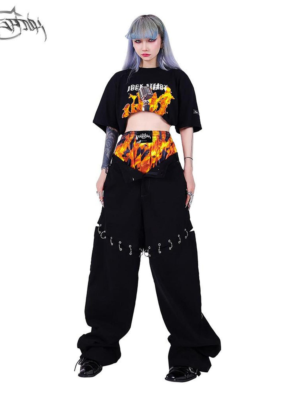 PINKSPINK Black Flame Pattern Double Waist Detachable Ring Women's Straight-leg Pants