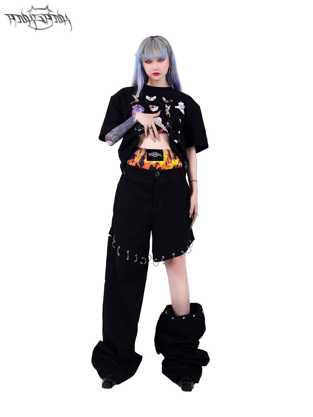 PINKSPINK Black Flame Pattern Double Waist Detachable Ring Women's Straight-leg Pants