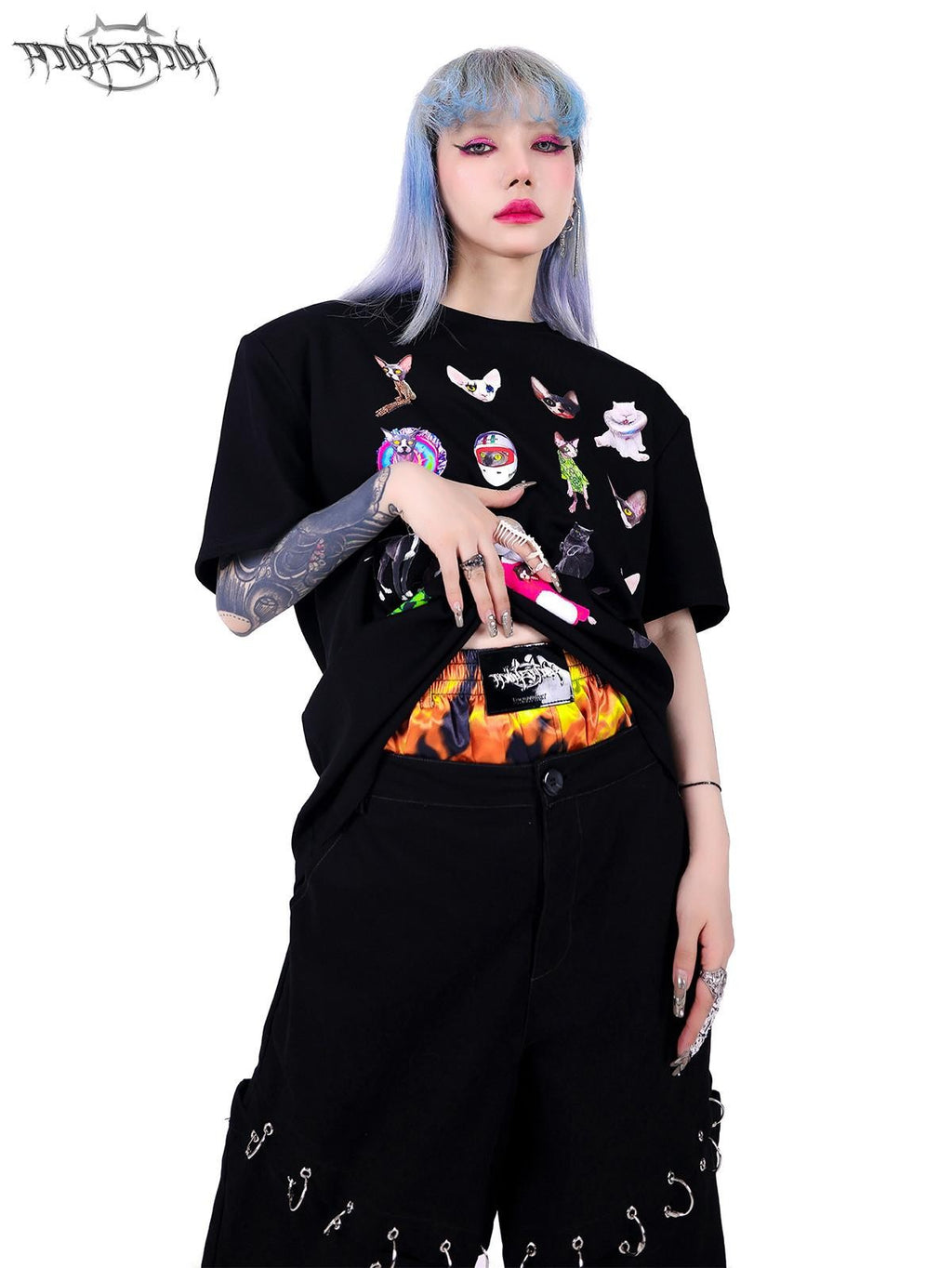 PINKSPINK Black Flame Pattern Double Waist Detachable Ring Women's Straight-leg Pants