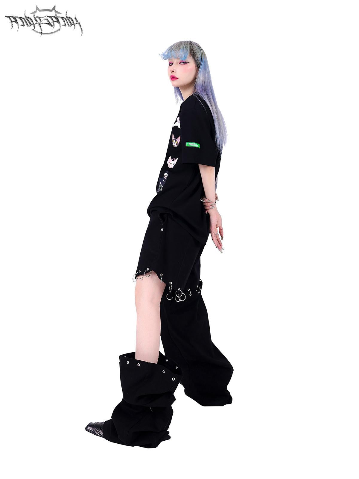 PINKSPINK Black Flame Pattern Double Waist Detachable Ring Women's Straight-leg Pants