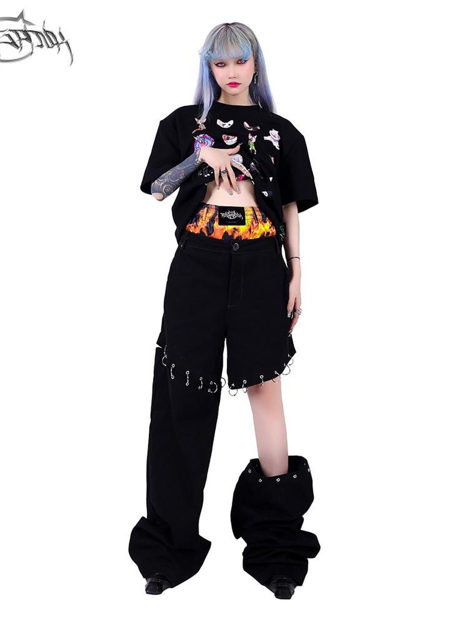 PINKSPINK Black Flame Pattern Double Waist Detachable Ring Women's Straight-leg Pants