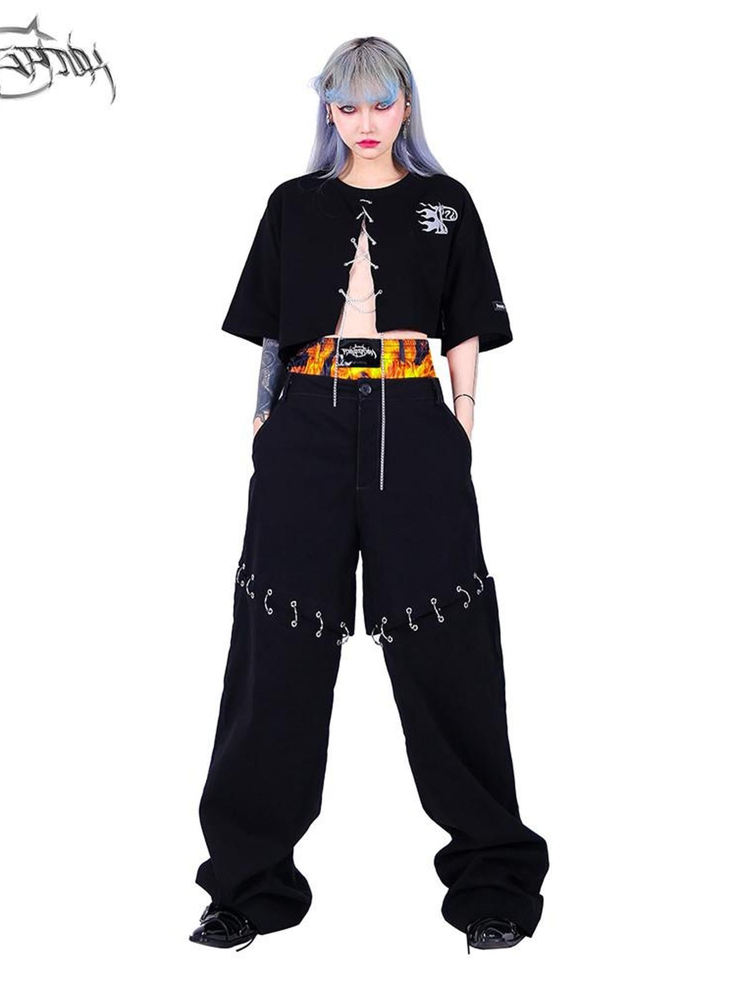 PINKSPINK Black Flame Pattern Double Waist Detachable Ring Women's Straight-leg Pants