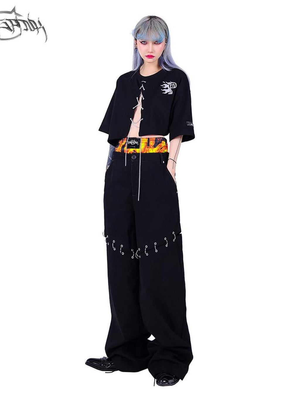 PINKSPINK Black Flame Pattern Double Waist Detachable Ring Women's Straight-leg Pants