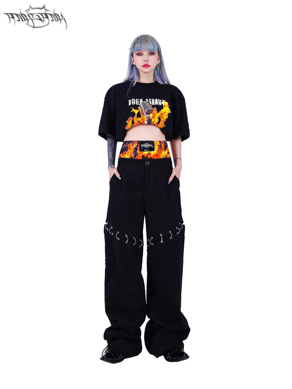 PINKSPINK Black Flame Pattern Double Waist Detachable Ring Women's Straight-leg Pants