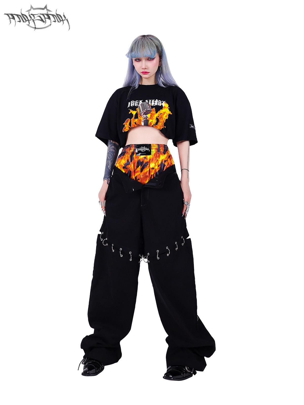 PINKSPINK Black Flame Pattern Double Waist Detachable Ring Women's Straight-leg Pants