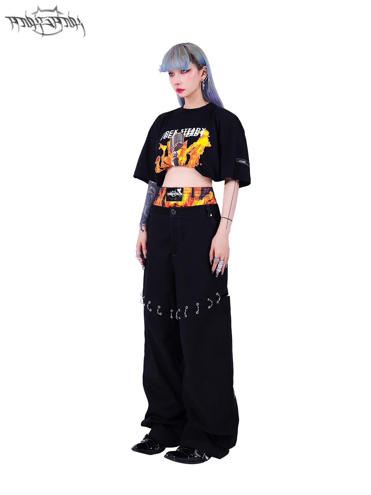 PINKSPINK Black Flame Pattern Double Waist Detachable Ring Women's Straight-leg Pants