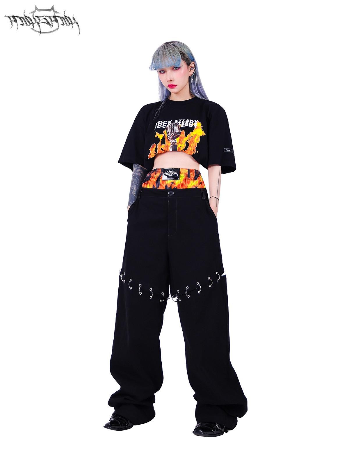 PINKSPINK Black Flame Pattern Double Waist Detachable Ring Women's Straight-leg Pants