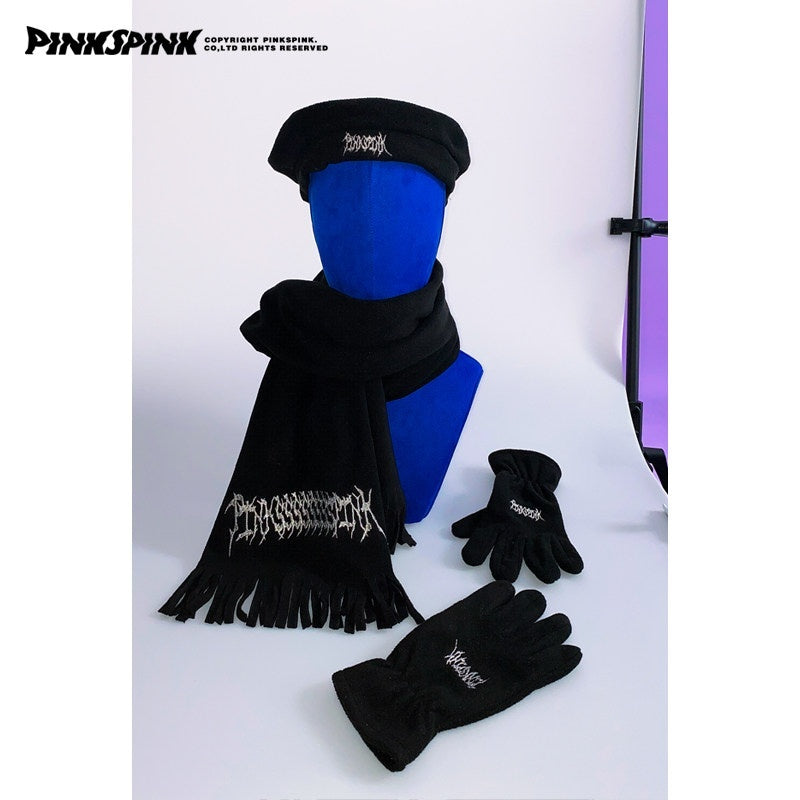 PINKSPINK_Black_Fleece_Beret_Scarf_And_Gloves_Set_Women's_Cotton_Berets_629788413212_MISSTT