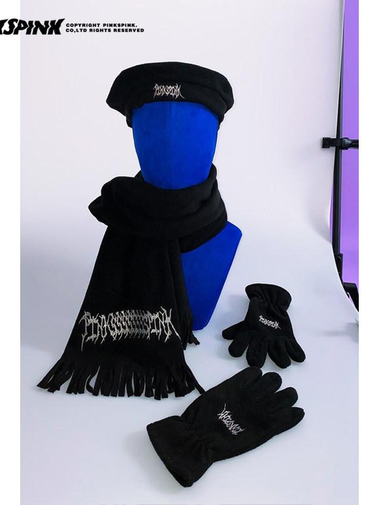 PINKSPINK Black Fleece Beret Scarf And Gloves Set Women's Cotton Berets