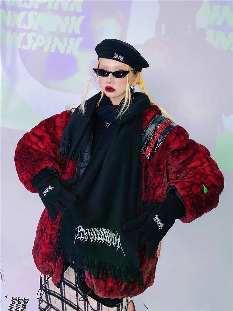 PINKSPINK Black Fleece Beret Scarf And Gloves Set Women's Cotton Berets