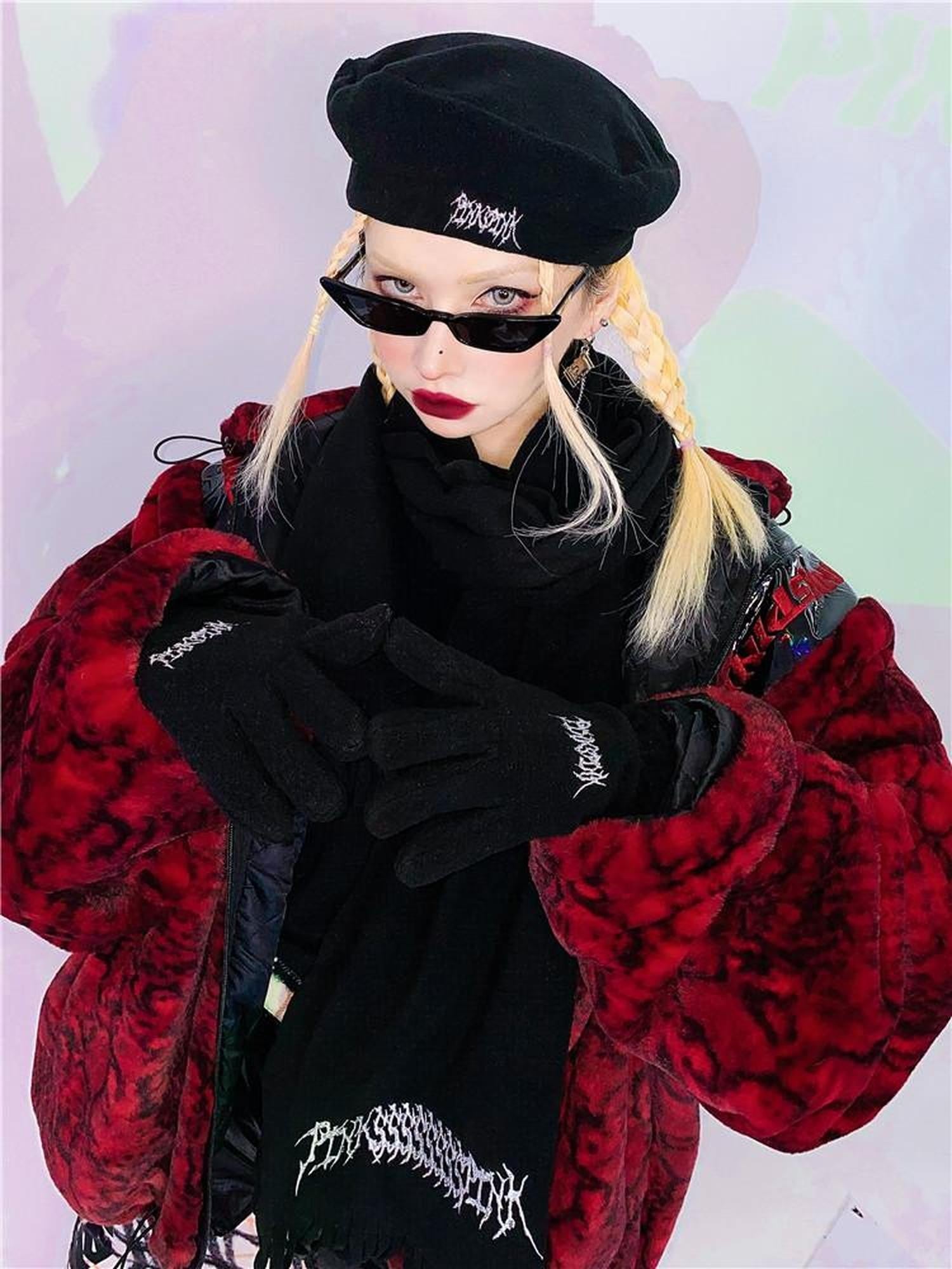PINKSPINK Black Fleece Beret Scarf And Gloves Set Women's Cotton Berets