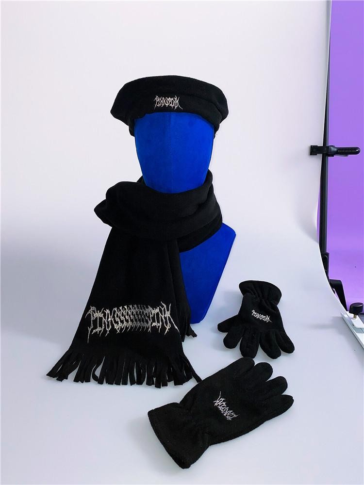 PINKSPINK Black Fleece Beret Scarf And Gloves Set Women's Cotton Berets