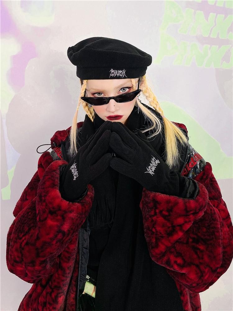 PINKSPINK Black Fleece Beret Scarf And Gloves Set Women's Cotton Berets