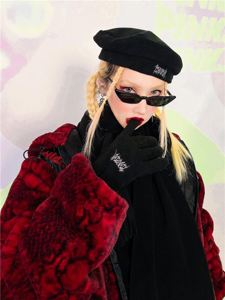 PINKSPINK Black Fleece Beret Scarf And Gloves Set Women's Cotton Berets