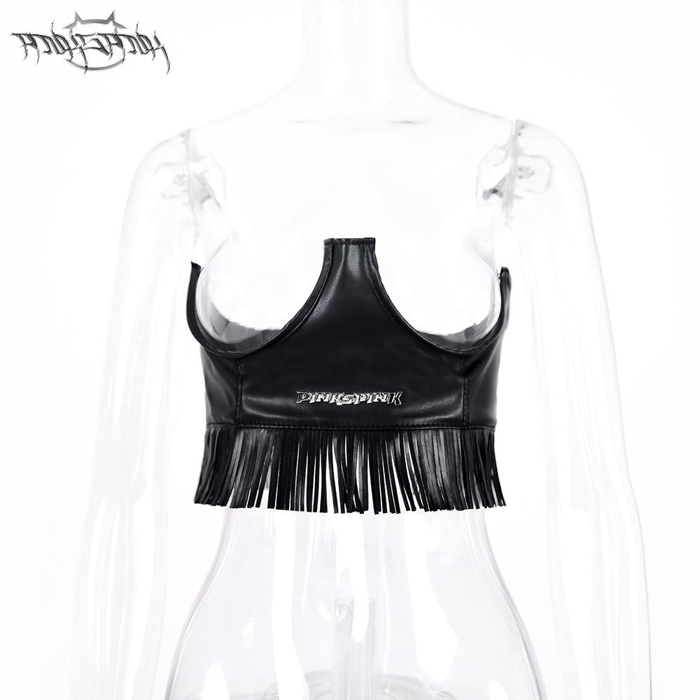 PINKSPINK_Black_Fringed_3d_Studded_Spliced_Cropped_Fitted_Strappy_Women's_Pu_Camisoles_669183309868_MISSTT