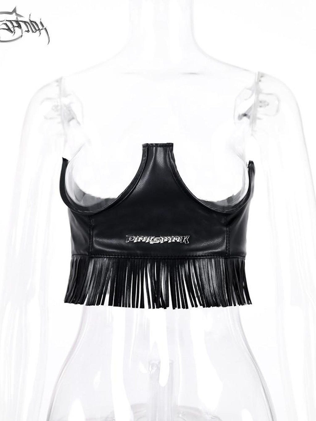 PINKSPINK Black Fringed 3d Studded Spliced Cropped Fitted Strappy Women's Pu Camisoles