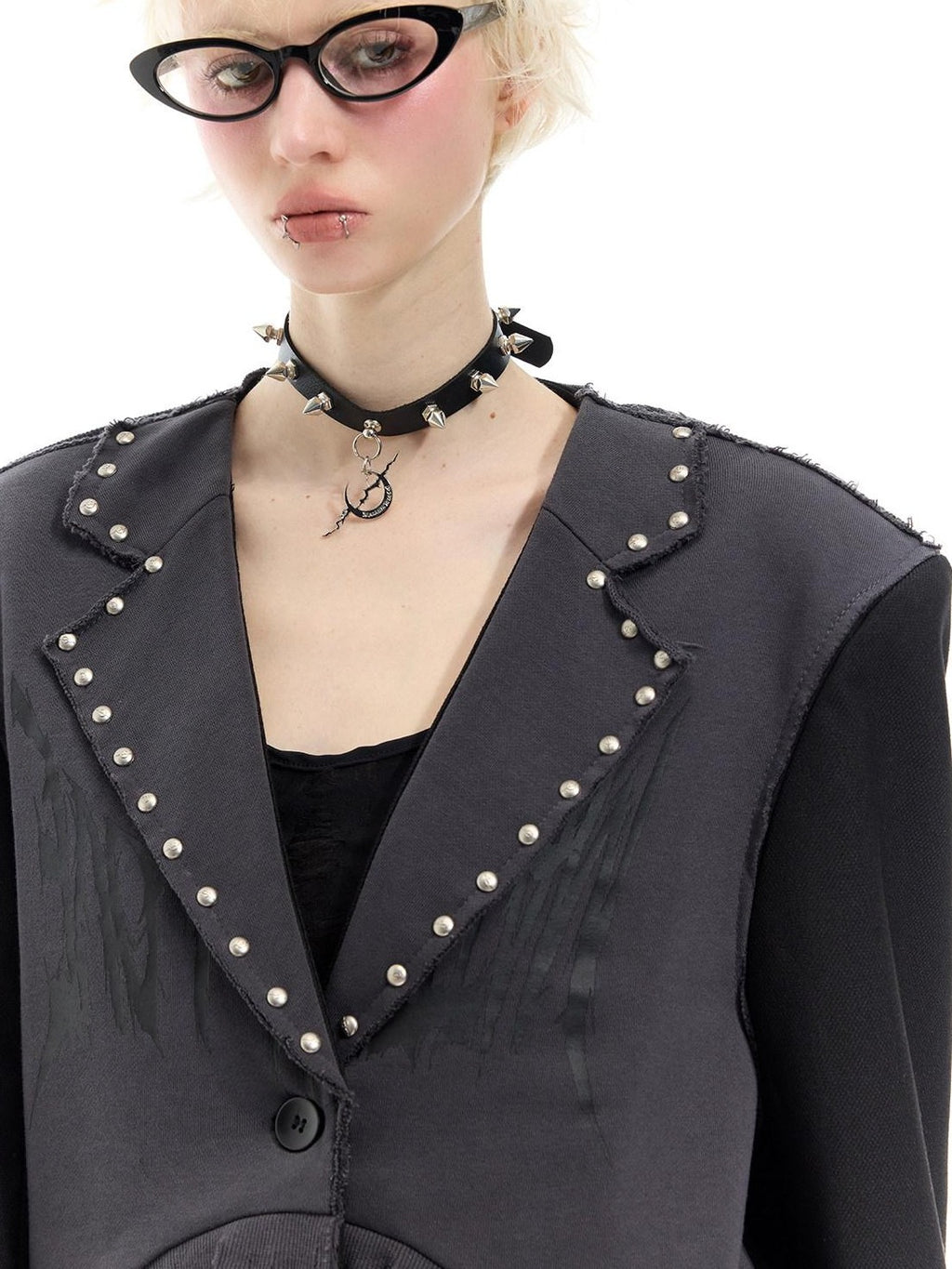 PINKSPINK Black Gray Remake Studded Distressed Rock Oversized Women's Blazers