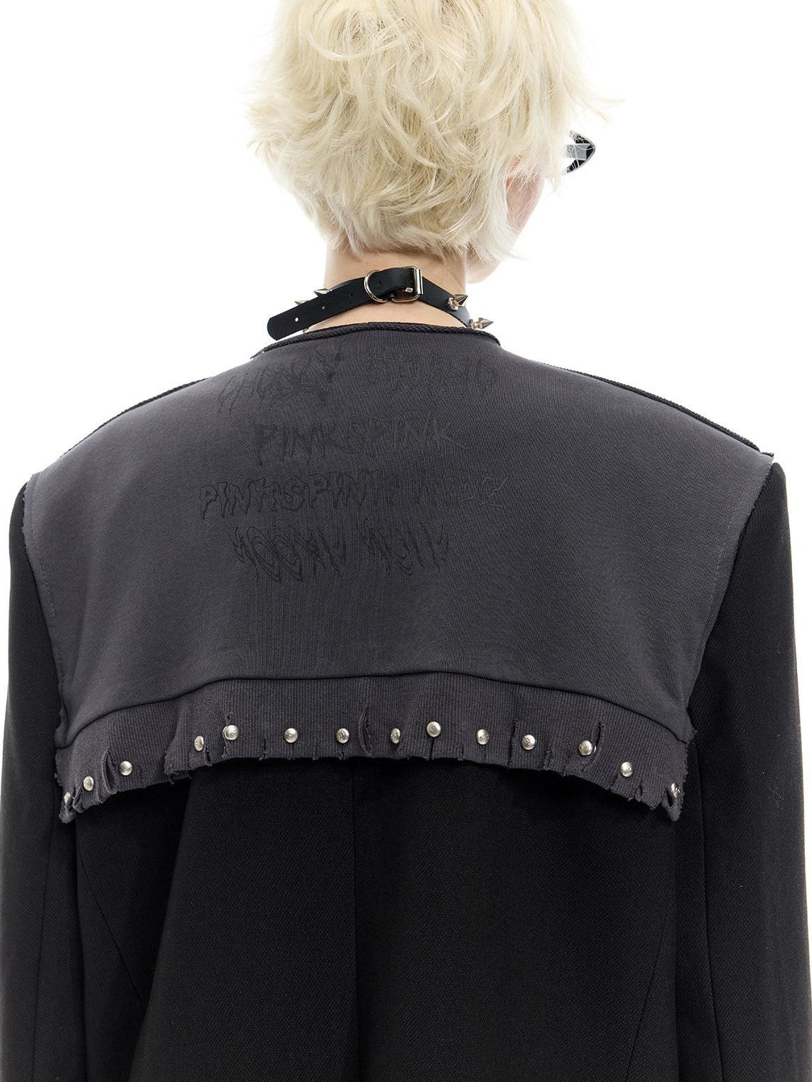 PINKSPINK Black Gray Remake Studded Distressed Rock Oversized Women's Blazers
