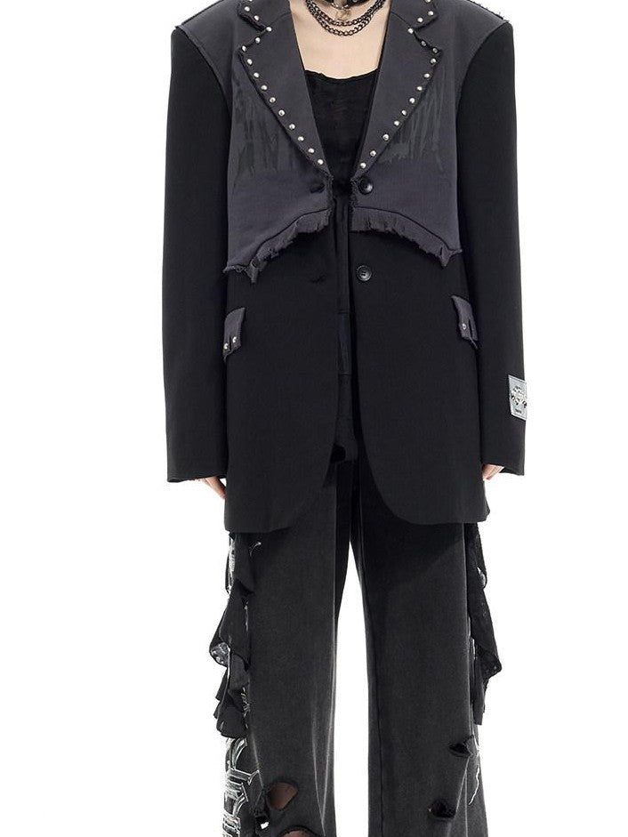 PINKSPINK Black Gray Remake Studded Distressed Rock Oversized Women's Blazers