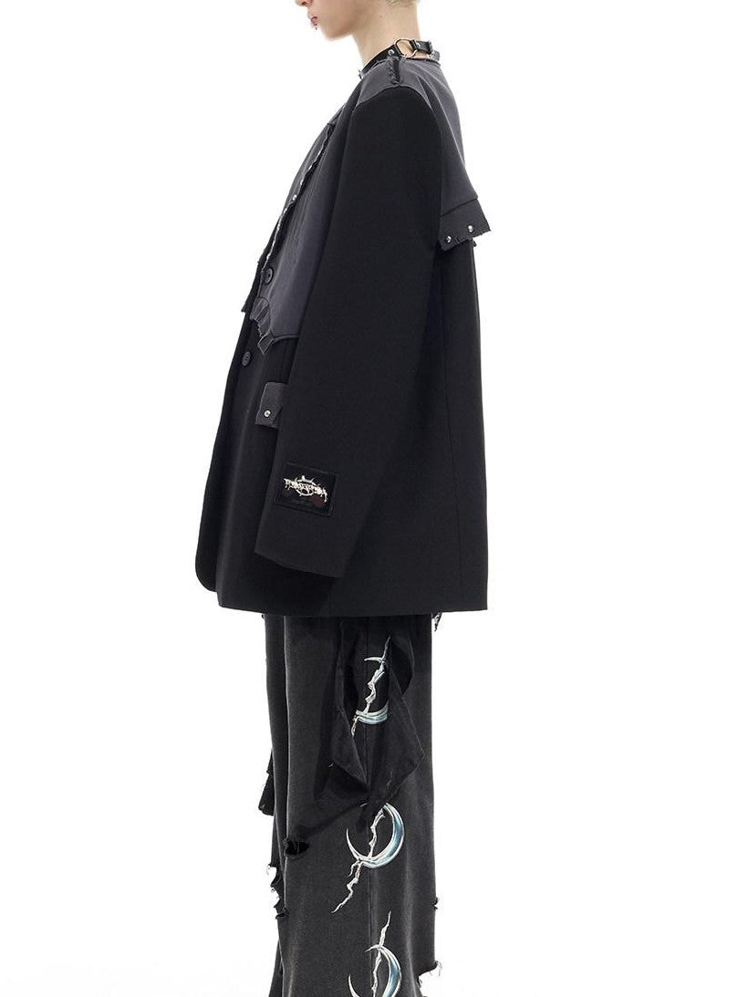 PINKSPINK Black Gray Remake Studded Distressed Rock Oversized Women's Blazers