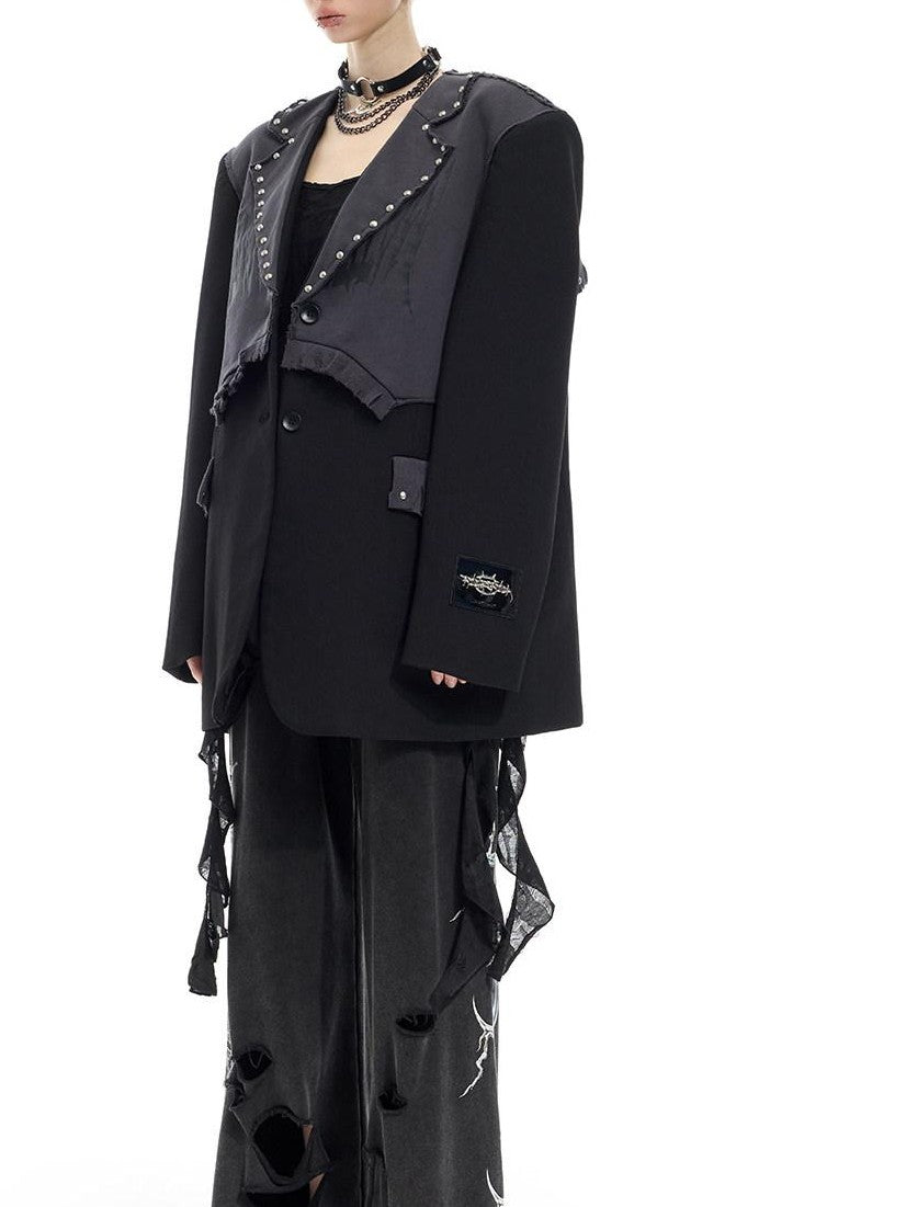 PINKSPINK Black Gray Remake Studded Distressed Rock Oversized Women's Blazers