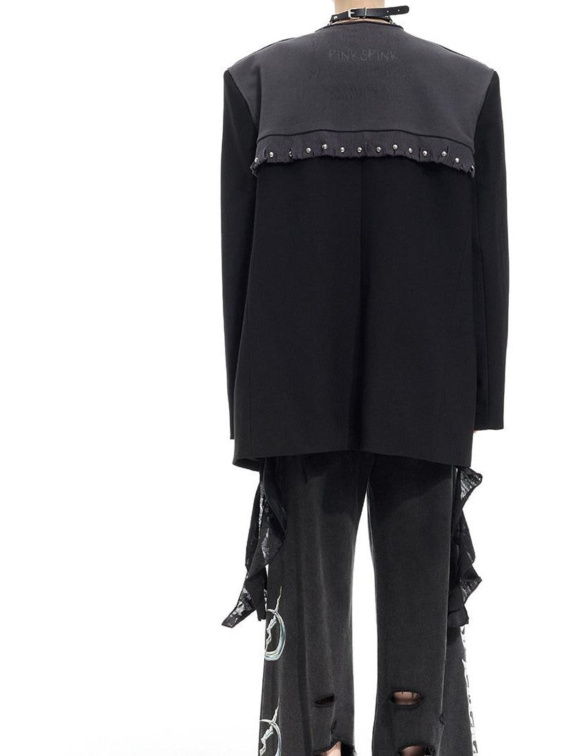 PINKSPINK Black Gray Remake Studded Distressed Rock Oversized Women's Blazers