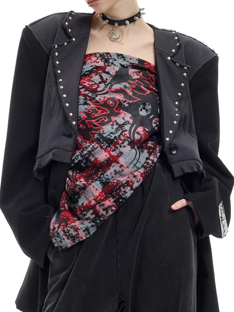 PINKSPINK Black Gray Remake Studded Distressed Rock Oversized Women's Blazers