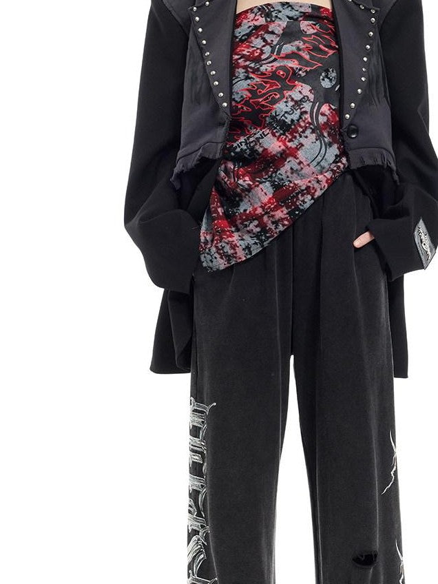 PINKSPINK Black Gray Remake Studded Distressed Rock Oversized Women's Blazers