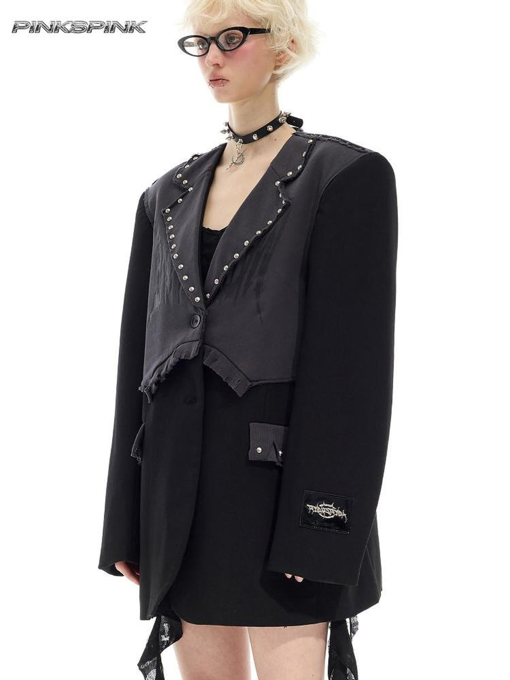 PINKSPINK Black Gray Remake Studded Distressed Rock Oversized Women's Blazers