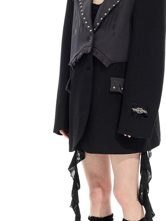 PINKSPINK Black Gray Remake Studded Distressed Rock Oversized Women's Blazers