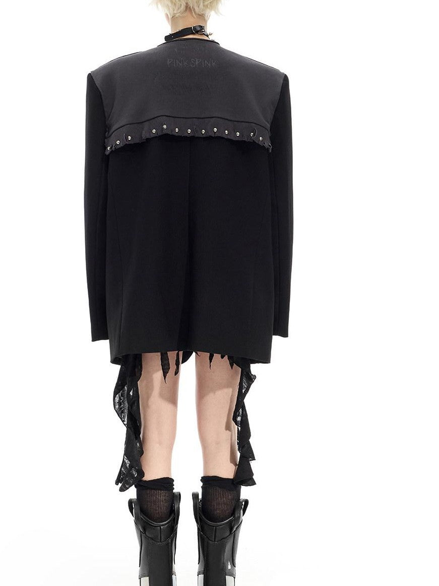 PINKSPINK Black Gray Remake Studded Distressed Rock Oversized Women's Blazers