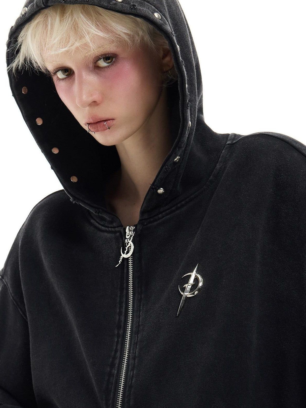 PINKSPINK Black Gray Rivet Washed Distressed Lettering Women's Zip-up Hoodies