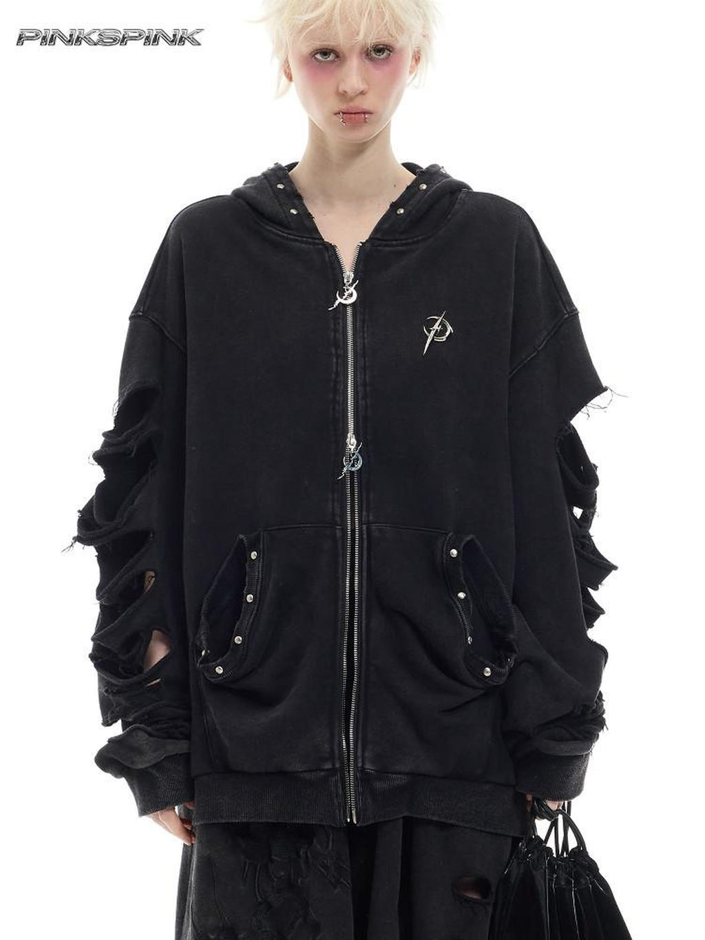 PINKSPINK Black Gray Rivet Washed Distressed Lettering Women's Zip-up Hoodies
