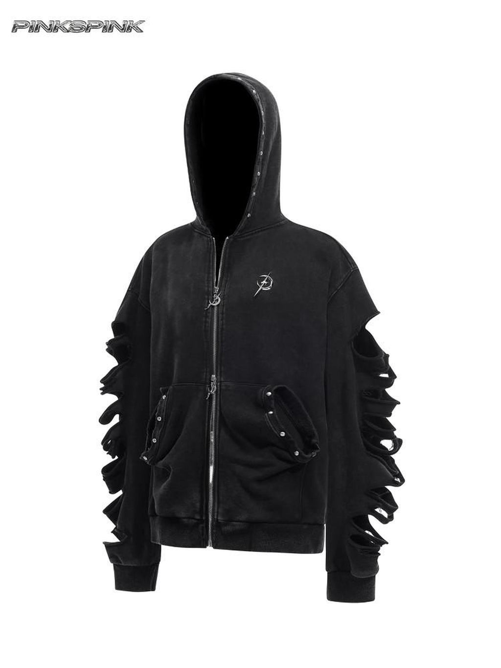 PINKSPINK Black Gray Rivet Washed Distressed Lettering Women's Zip-up Hoodies