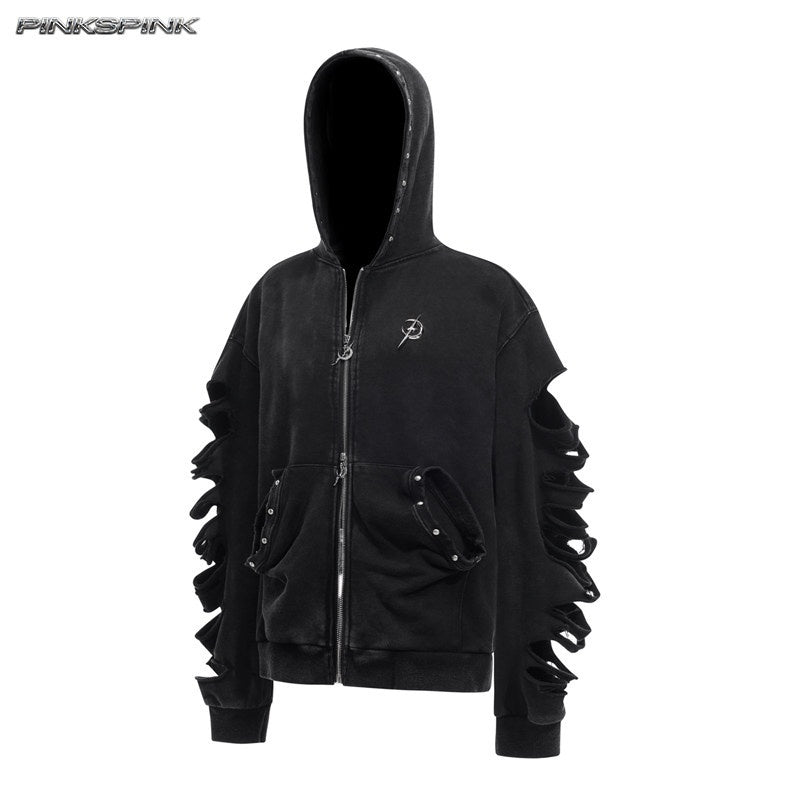 PINKSPINK_Black_Gray_Studded_Hand_Distressed_Washed_Lettering_Women's_Zip-up_Hoodies_895127503550_MISSTT