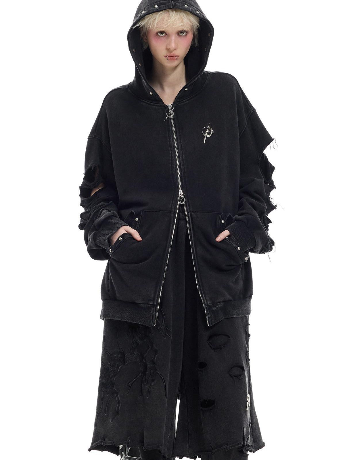 PINKSPINK Black Gray Studded Hand Distressed Washed Lettering Women's Zip-up Hoodies