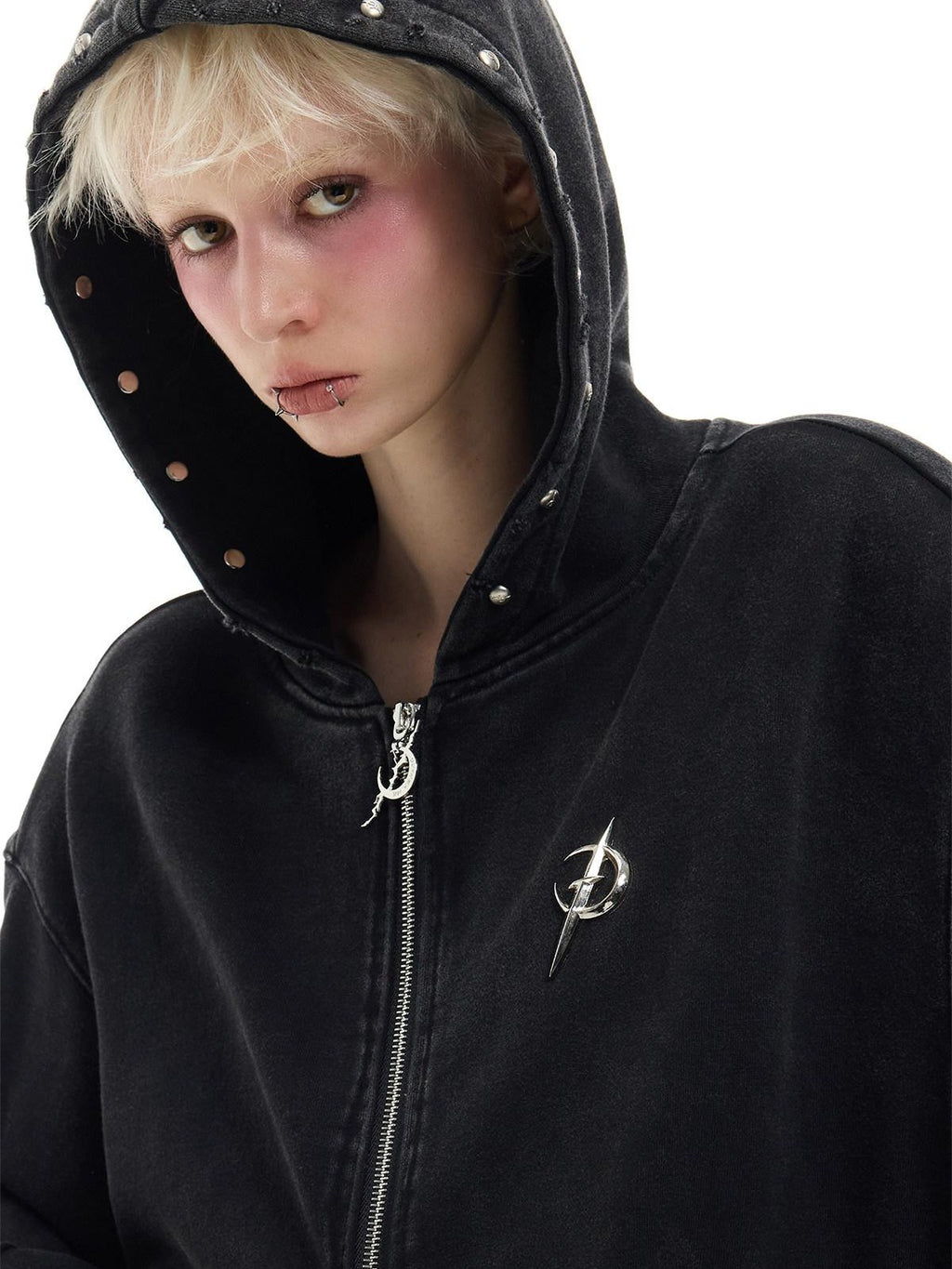 PINKSPINK Black Gray Studded Hand Distressed Washed Lettering Women's Zip-up Hoodies