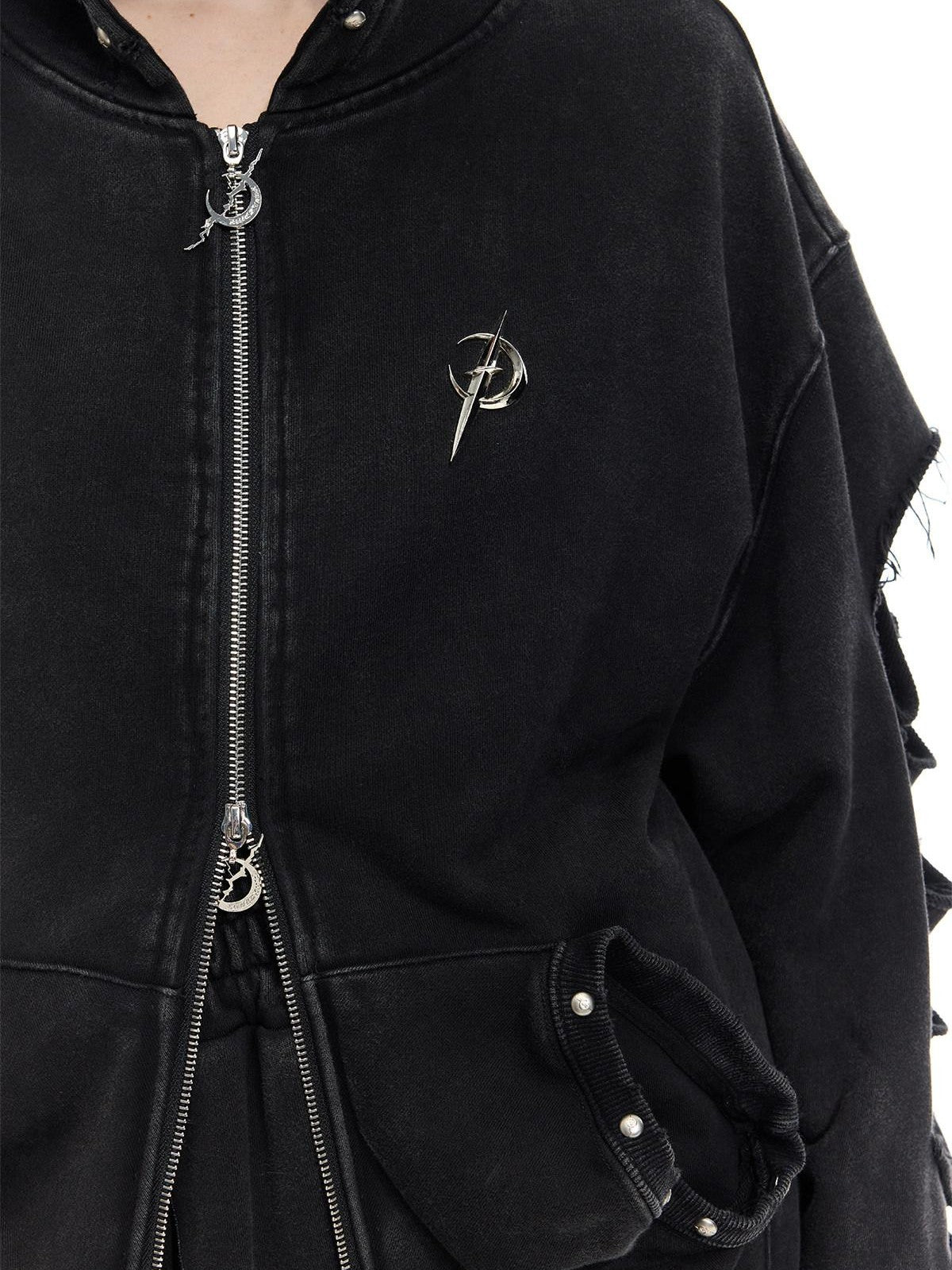 PINKSPINK Black Gray Studded Hand Distressed Washed Lettering Women's Zip-up Hoodies